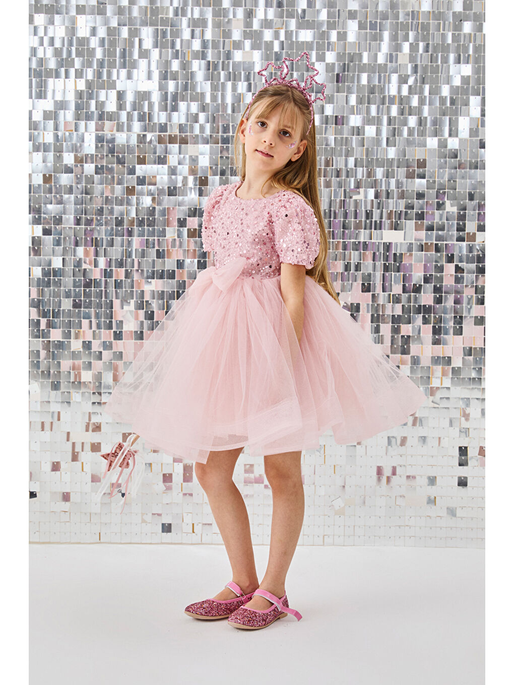 Pembe Pudra Boncuklu Pullu Kız Çocuk Elbise - Gloria