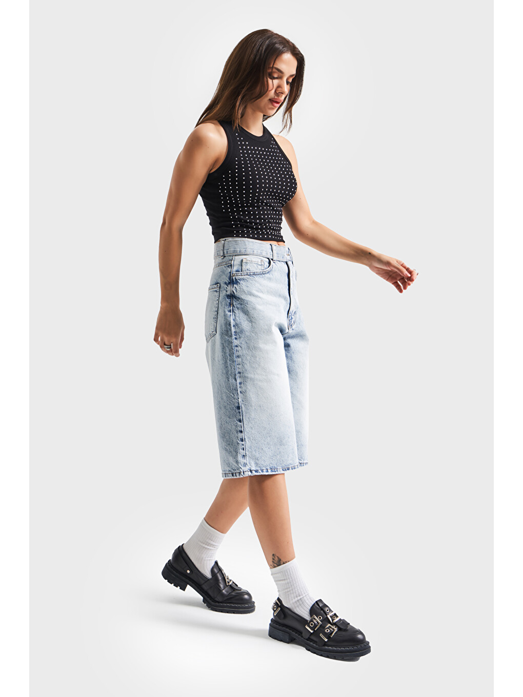 Mavi Kadın Snow Jean Rengi 4S5 3 Maxi Boy Kemer Detaylı  100 Pamuk Yüksek Bel Uzun Denim Şortolon-2