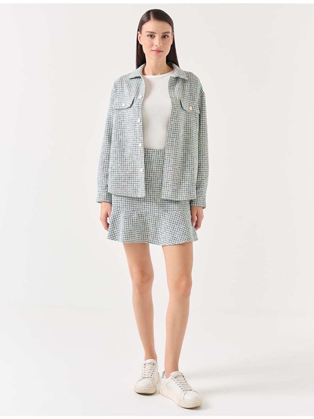 Mavi Yeşil Düz Kesim Ekose Desenli Cepli Gömlek Ceket-1