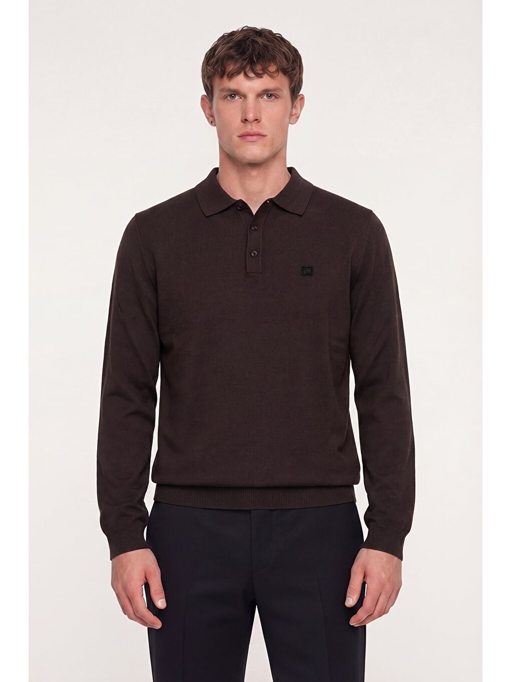 Kahverengi Kahve Regular Fit Pamuklu Polo Yaka Triko Kazak