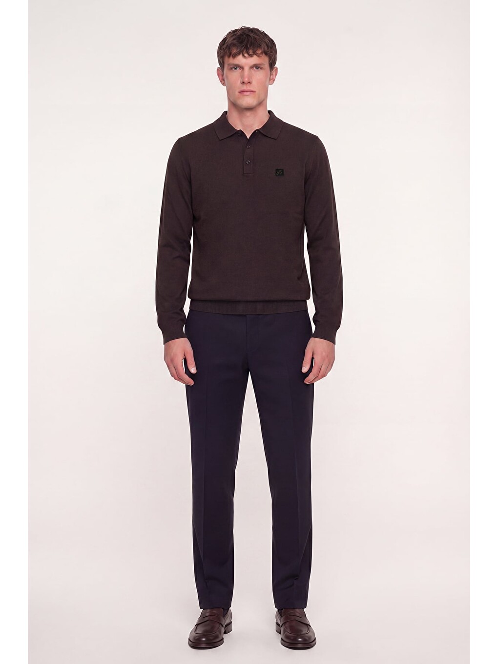 Kahverengi Kahve Regular Fit Pamuklu Polo Yaka Triko Kazak-1