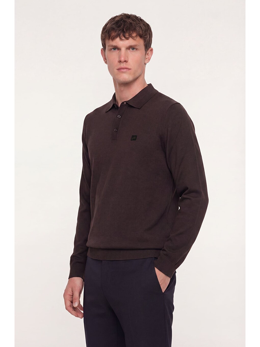Kahverengi Kahve Regular Fit Pamuklu Polo Yaka Triko Kazak-2