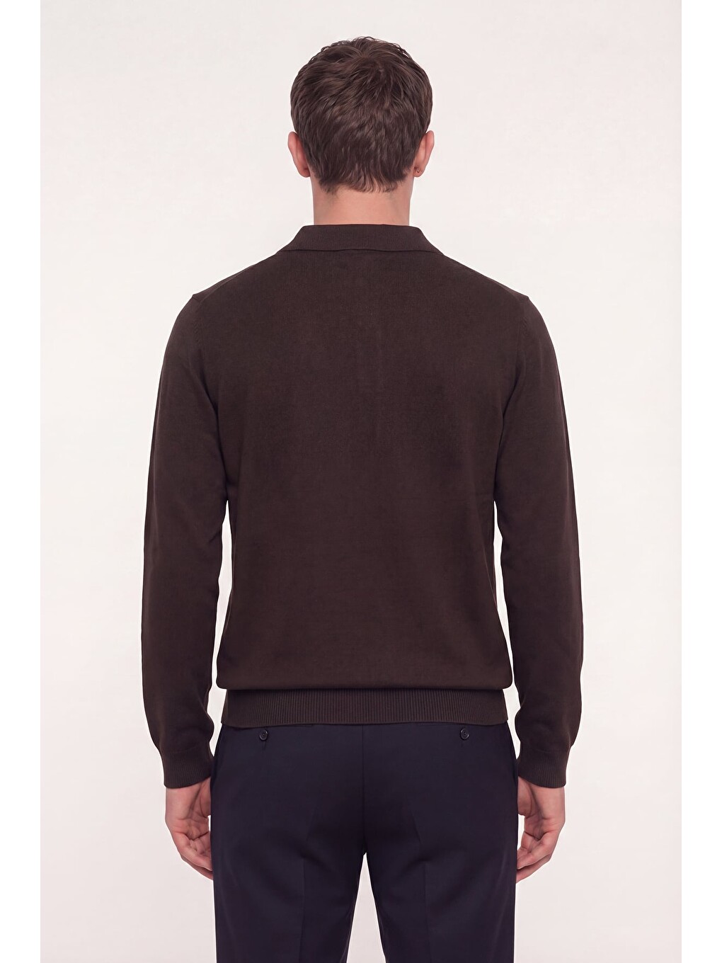 Kahverengi Kahve Regular Fit Pamuklu Polo Yaka Triko Kazak-3