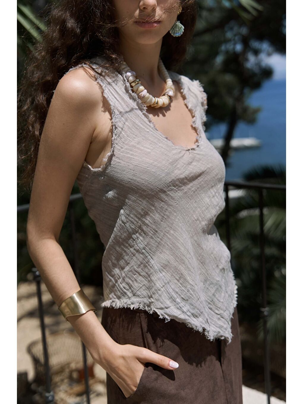 Bej Veilinas Asimetrik Vizon Keten Crop-6