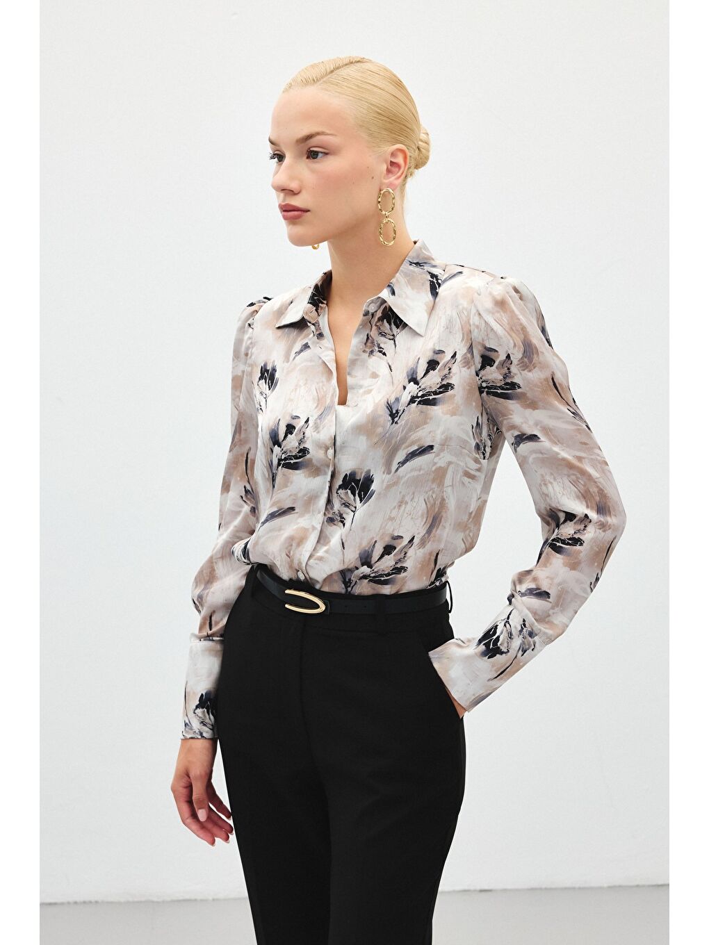 Vatkalı Desenli Gömlek - Gri-1