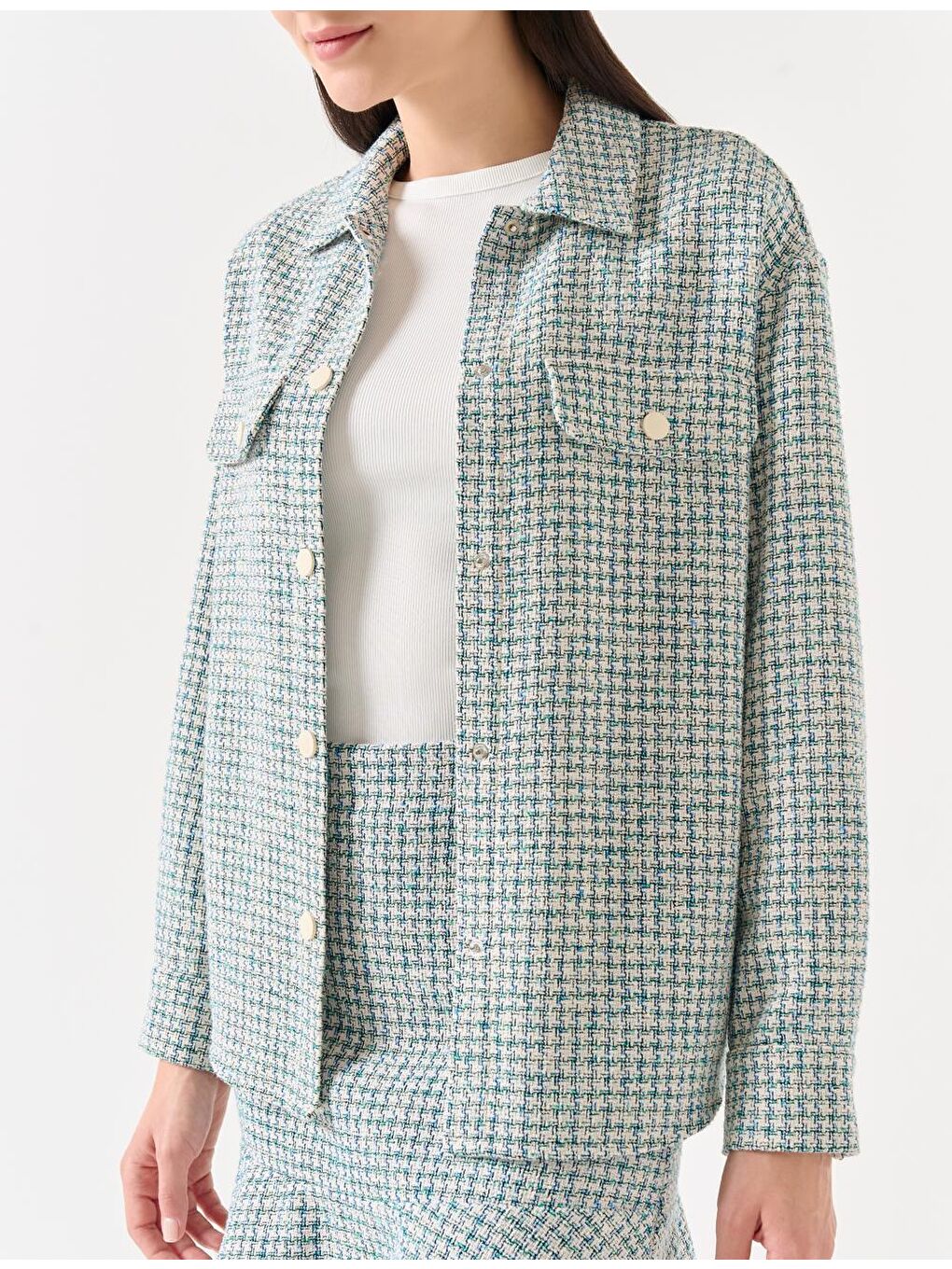 Mavi Yeşil Düz Kesim Ekose Desenli Cepli Gömlek Ceket-2