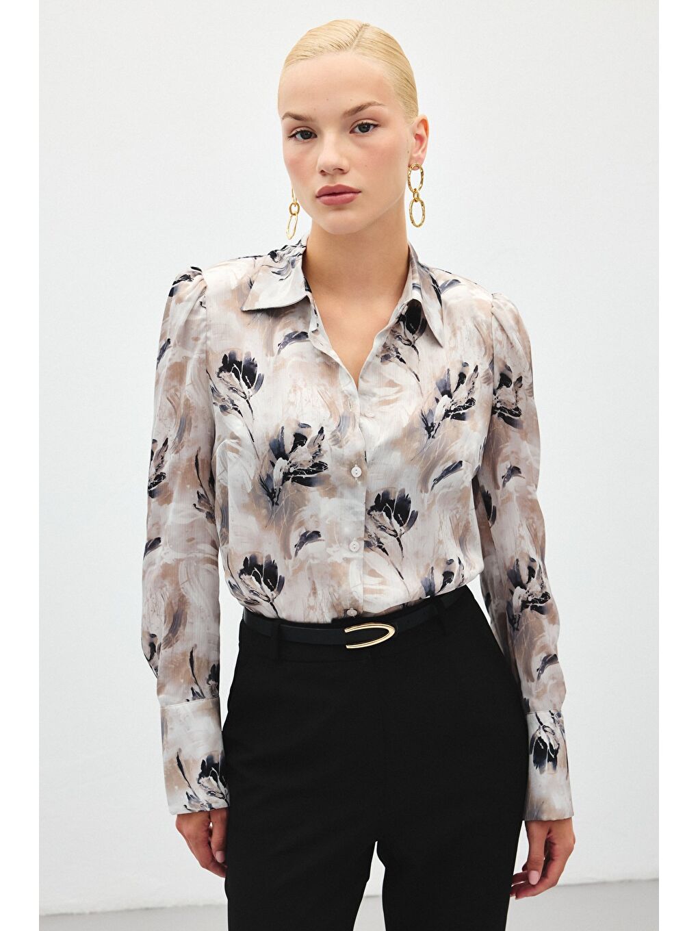 Vatkalı Desenli Gömlek - Gri-2