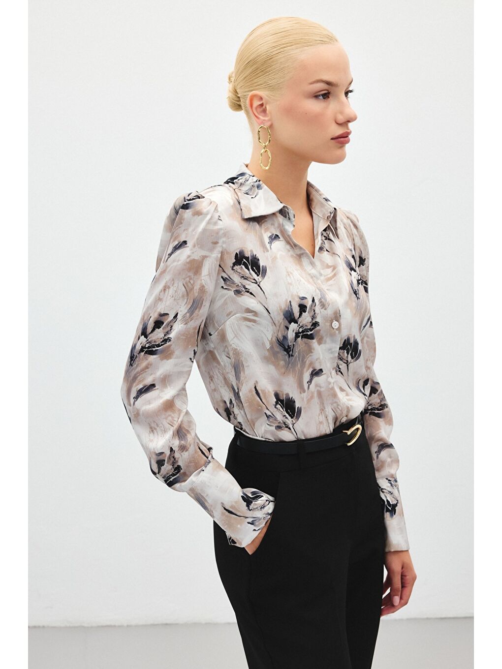 Vatkalı Desenli Gömlek - Gri-3