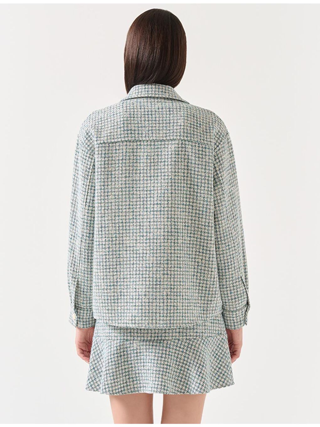Mavi Yeşil Düz Kesim Ekose Desenli Cepli Gömlek Ceket-3