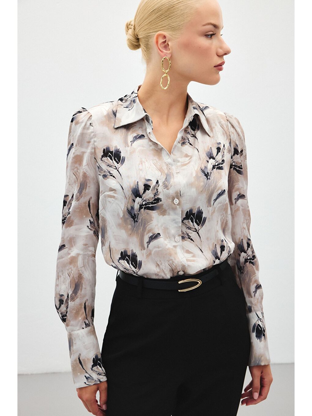 Vatkalı Desenli Gömlek - Gri-4