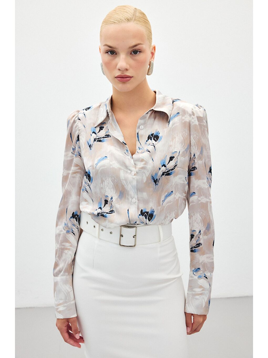 Vatkalı Desenli Gömlek - Mavi-5