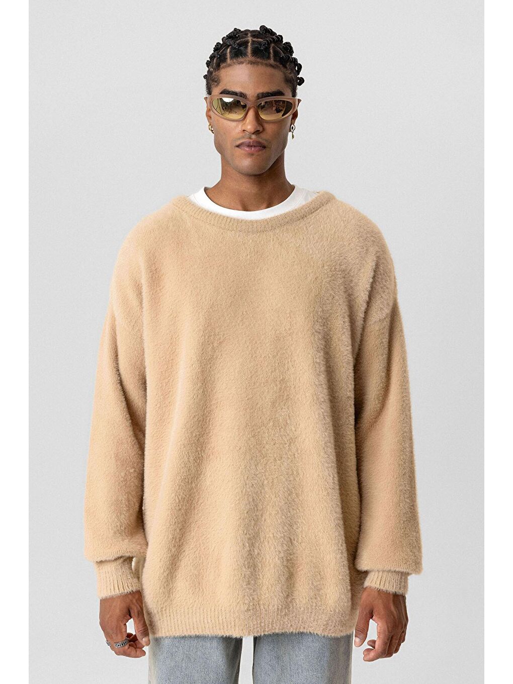 Oversize Pelüş Triko Kazak Bej-2