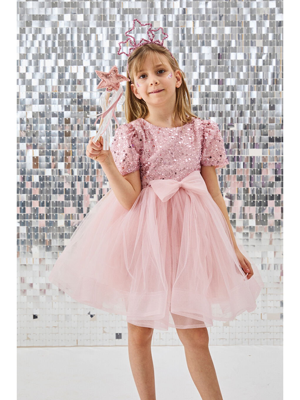 Pembe Pudra Boncuklu Pullu Kız Çocuk Elbise - Gloria-2