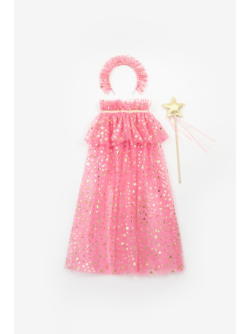 Fuşya  Kız Çocuk Yıldızlı Pelerin Asa ve Taç Set-1
