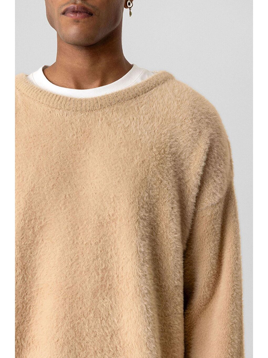 Oversize Pelüş Triko Kazak Bej-4