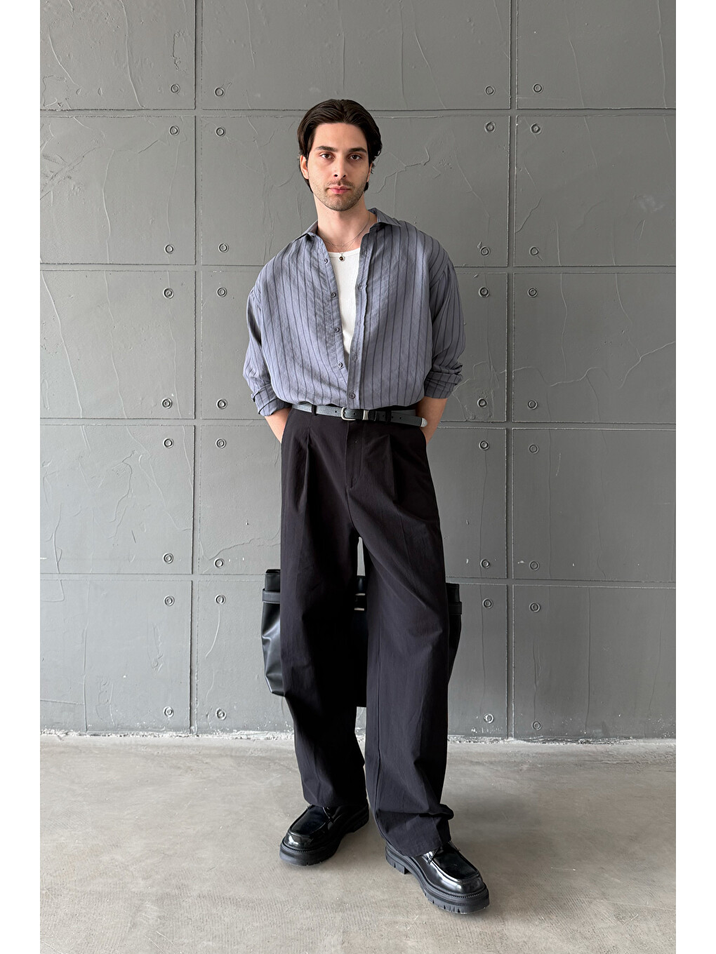 Gri Erkek Oversize Çizgili Modal Gömlek-5