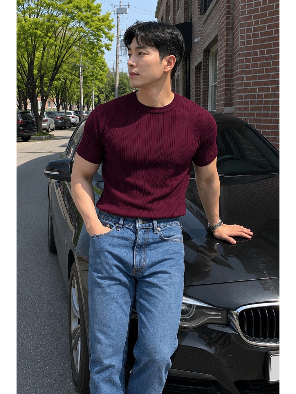Bordo Old Money Fit Bisiklet Yaka Çizgili Triko Tişört – Slim Kalıp Premium Kahve-1
