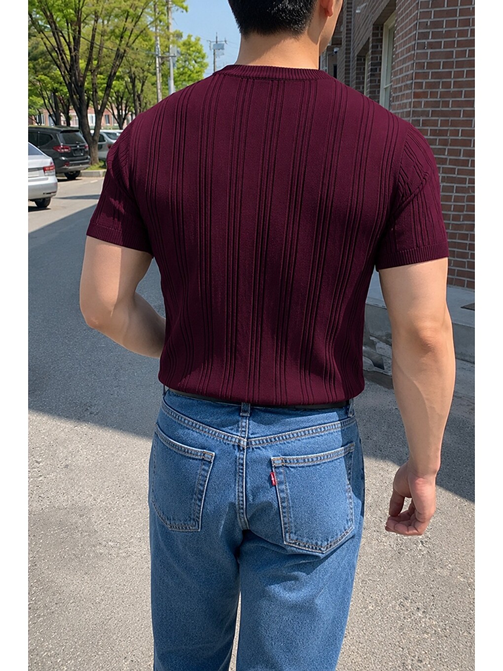 Bordo Old Money Fit Bisiklet Yaka Çizgili Triko Tişört – Slim Kalıp Premium Kahve-2