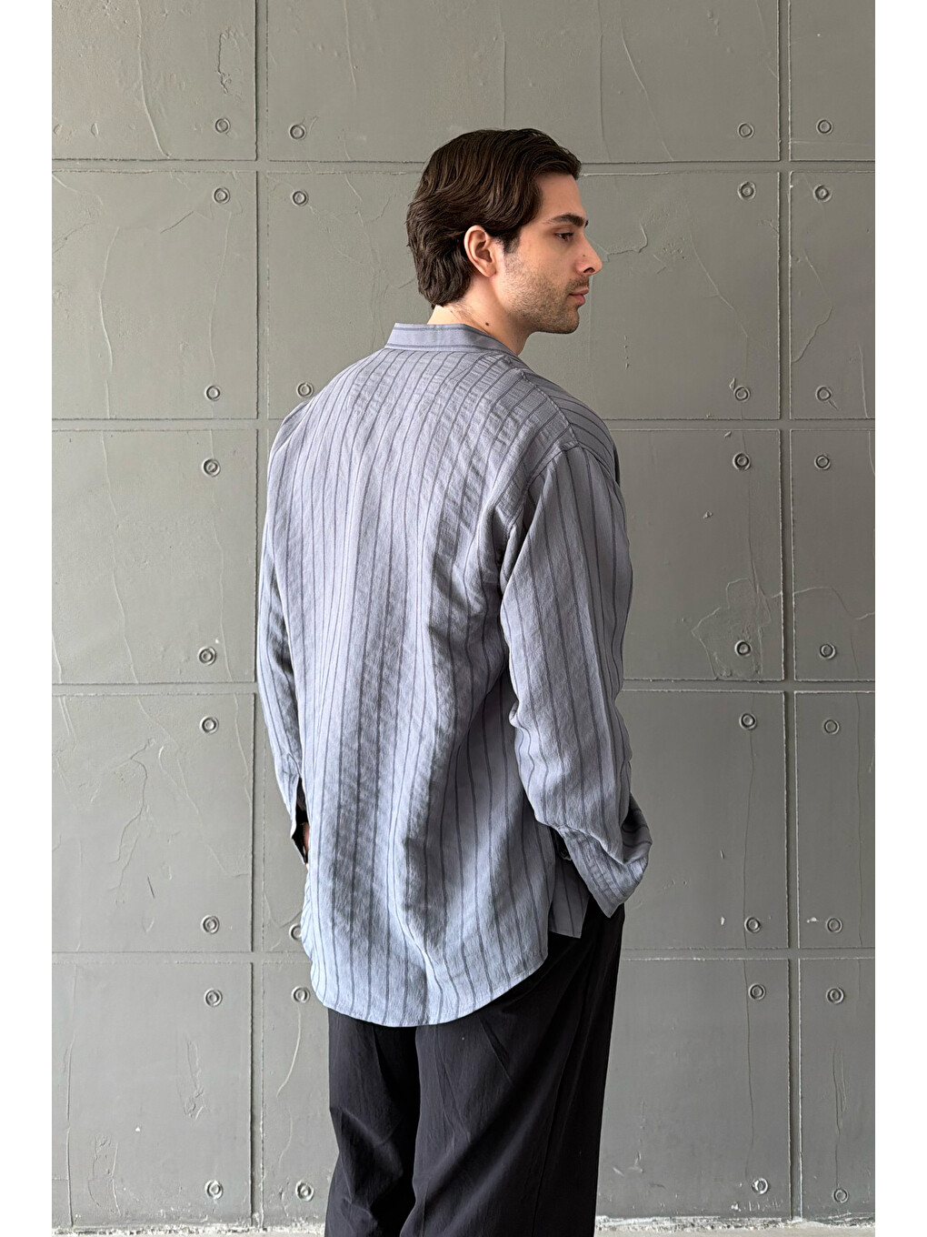 Gri Erkek Oversize Çizgili Modal Gömlek-6