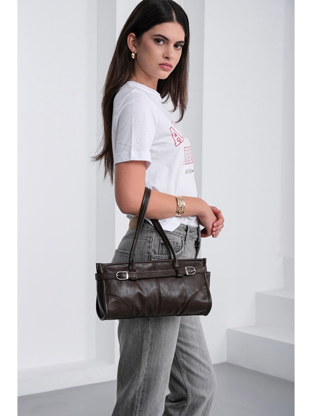 Kahverengi Enyola Vintage Baget Çanta Acı Kahve-1