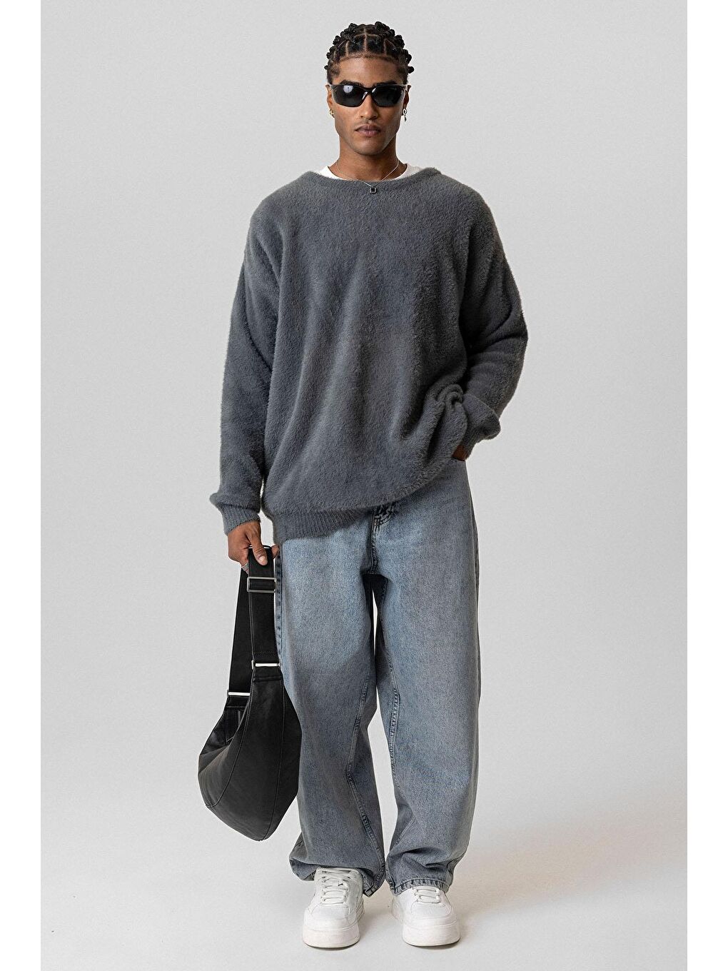 Gri Oversize Pelüş Triko Kazak Füme