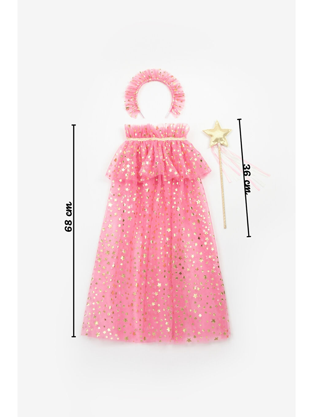 Fuşya  Kız Çocuk Yıldızlı Pelerin Asa ve Taç Set-3