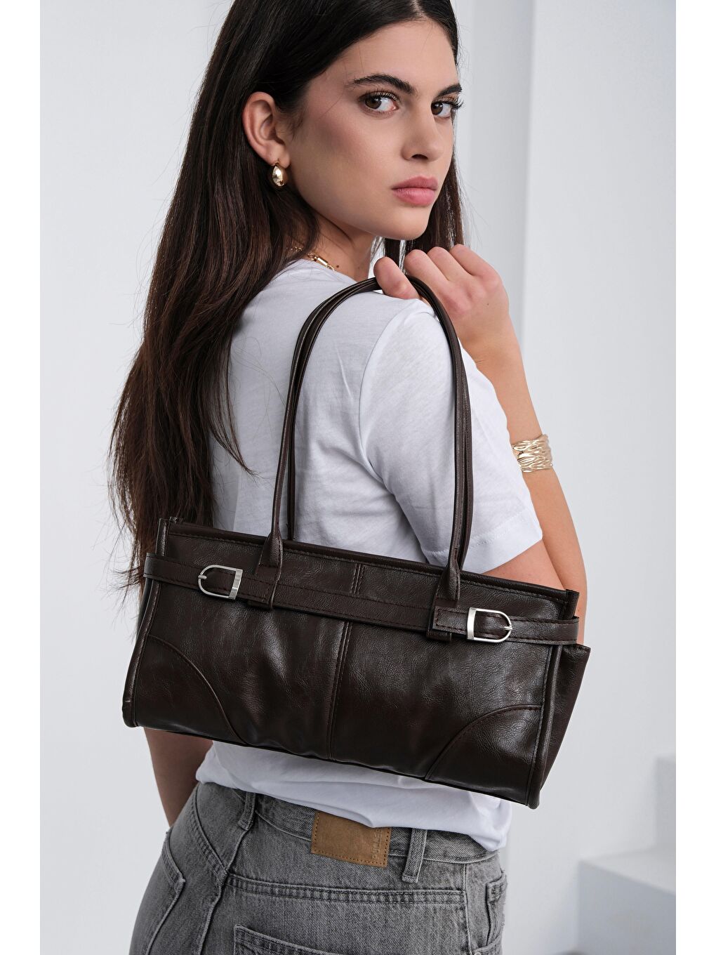 Kahverengi Enyola Vintage Baget Çanta Acı Kahve-5