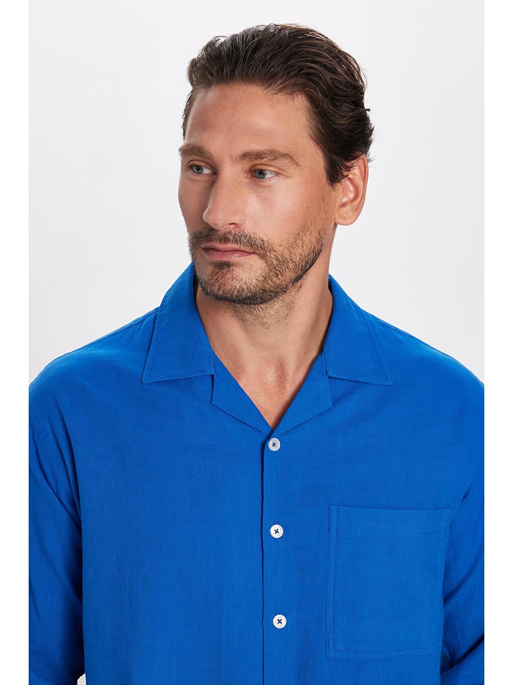 Erkek Relax Fit Rahat Kesim %100 Pamuk Keten Doku Apaş Yaka Saks Mavi Gömlek-1