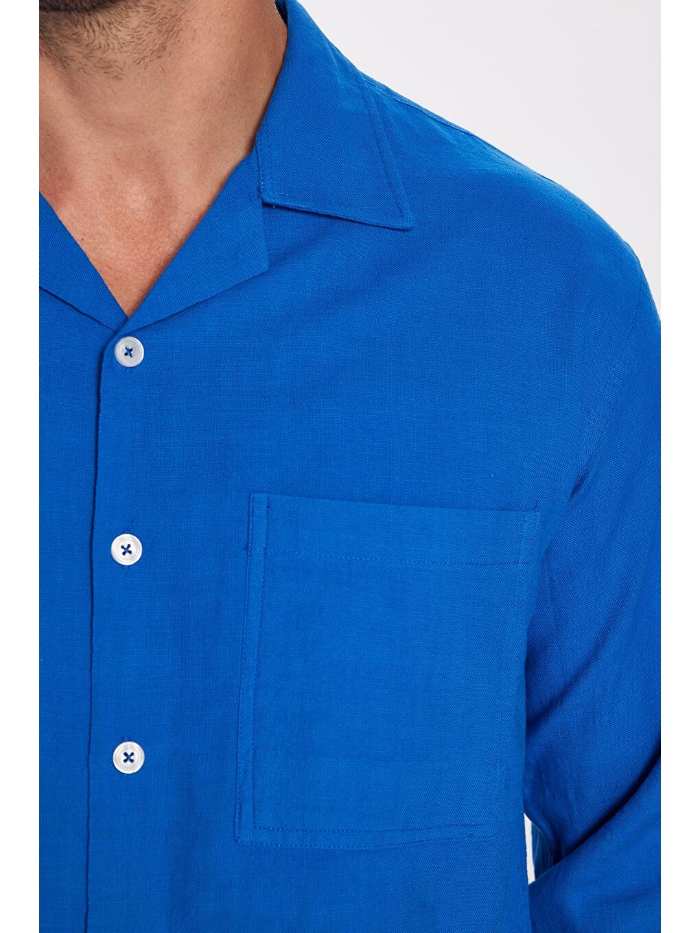 Erkek Relax Fit Rahat Kesim %100 Pamuk Keten Doku Apaş Yaka Saks Mavi Gömlek-3