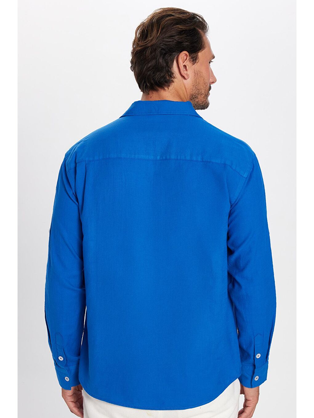 Erkek Relax Fit Rahat Kesim %100 Pamuk Keten Doku Apaş Yaka Saks Mavi Gömlek-4