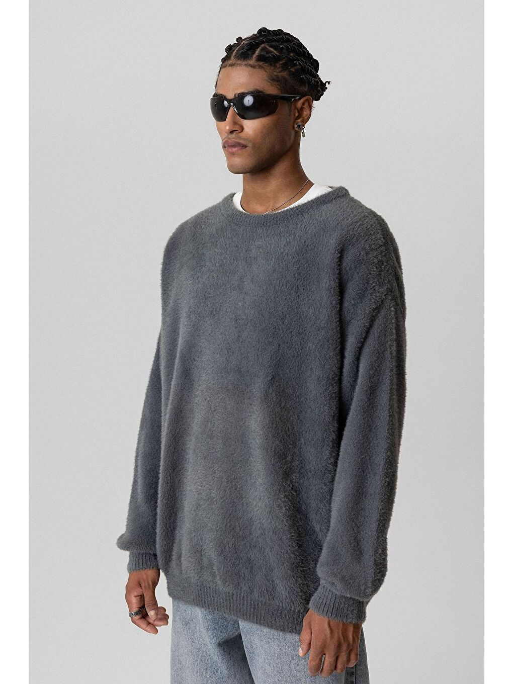 Gri Oversize Pelüş Triko Kazak Füme-5