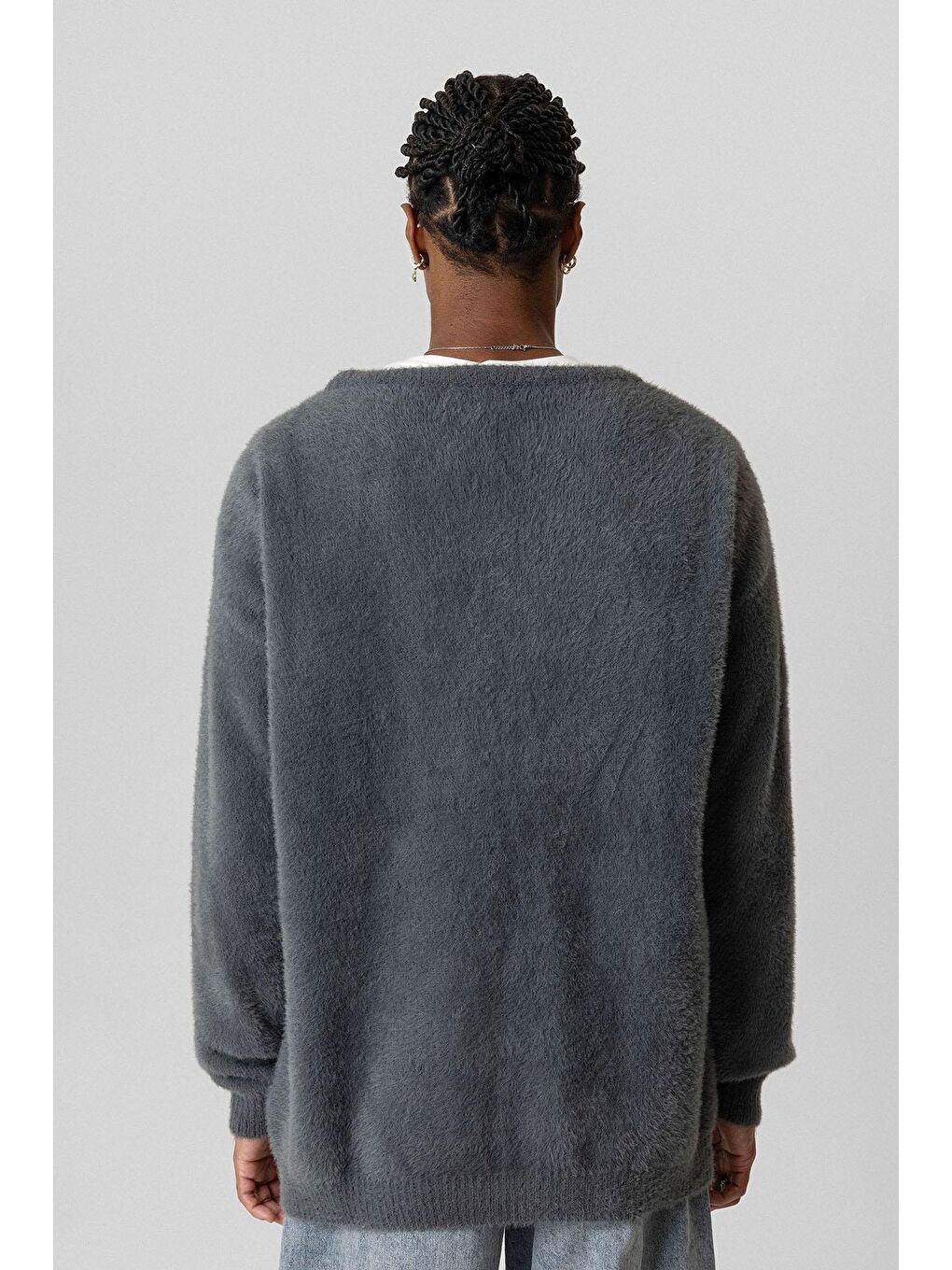 Gri Oversize Pelüş Triko Kazak Füme-6