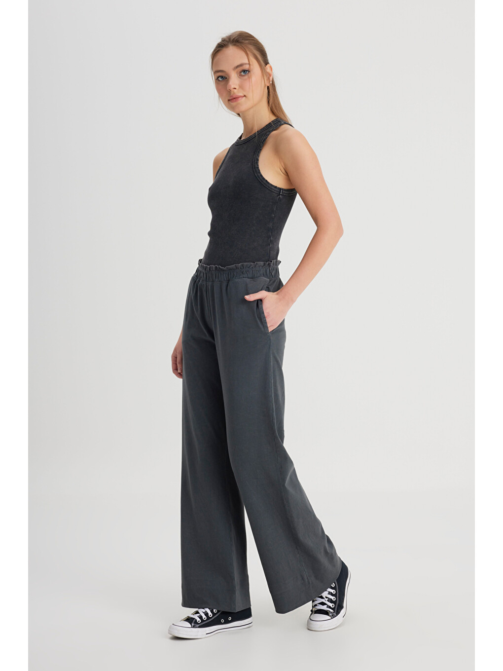 C Yüksek Bel Geniş Paça %100 Pamuk Antrasit Sweatpant Eşofman-1