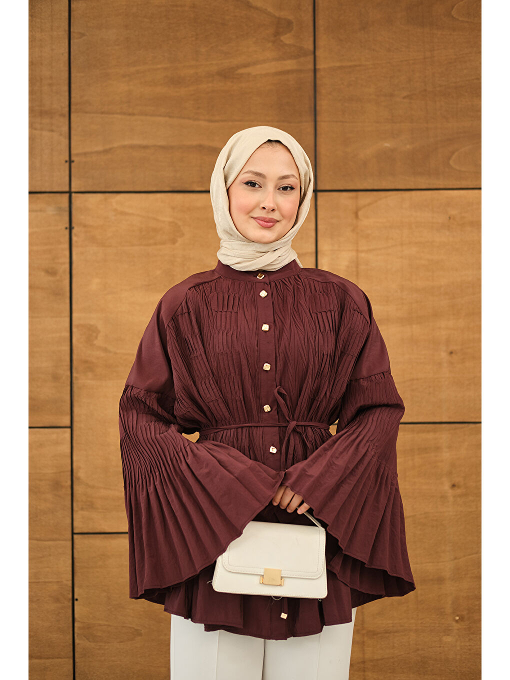 Kadın Martha Düğmeli Belden Bağlamalı Gömlek Bordo