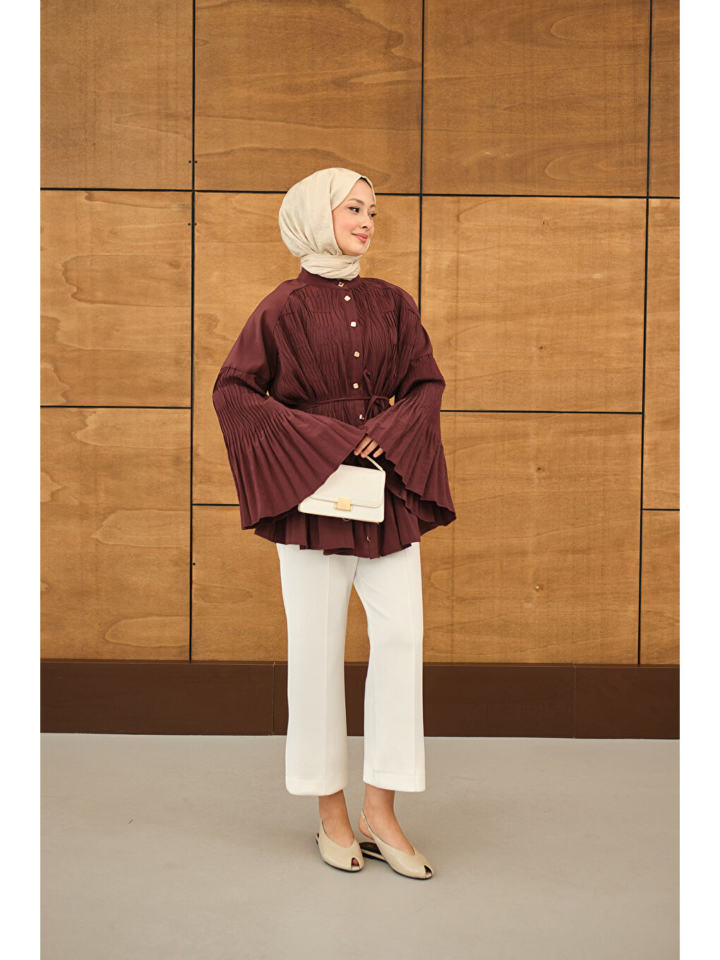 Kadın Martha Düğmeli Belden Bağlamalı Gömlek Bordo-1