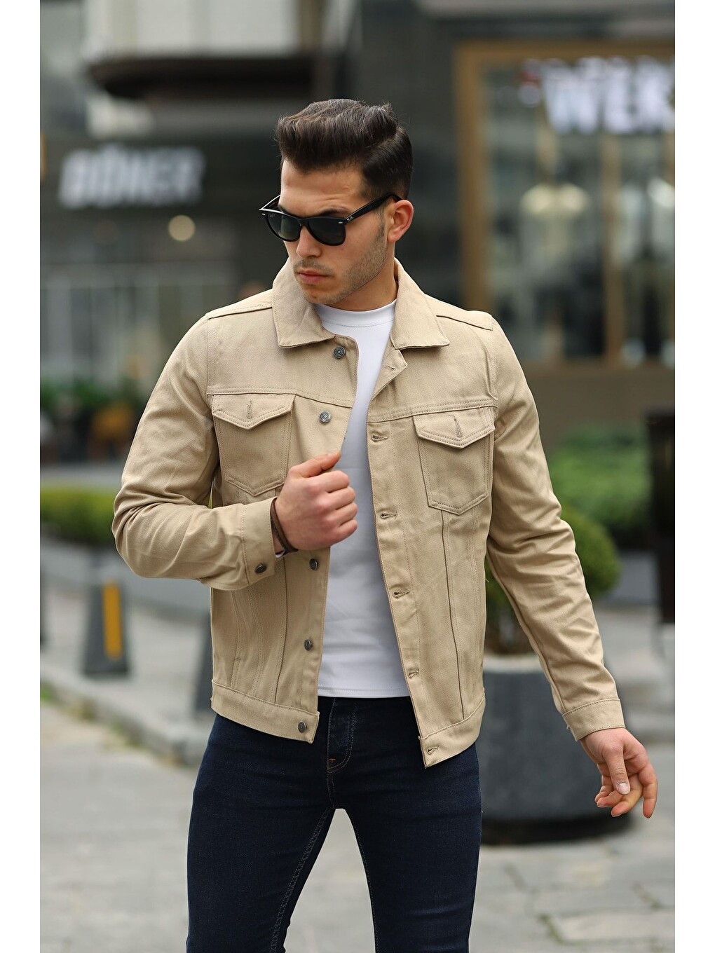 Bej Erkek Trend Slim Fit Denim Jean Ceket-2