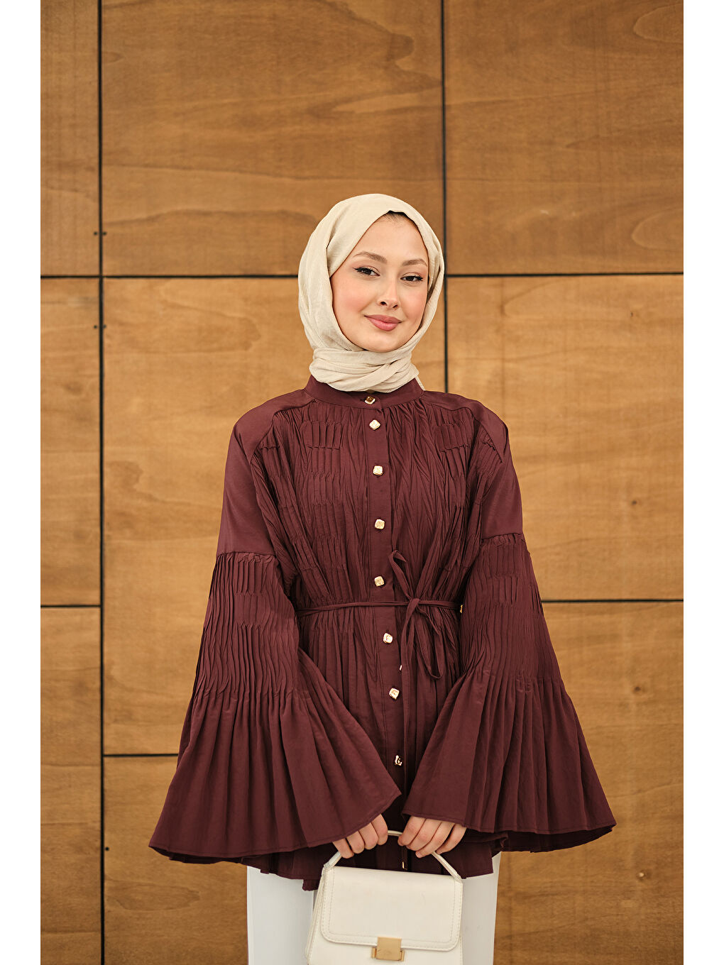 Kadın Martha Düğmeli Belden Bağlamalı Gömlek Bordo-2