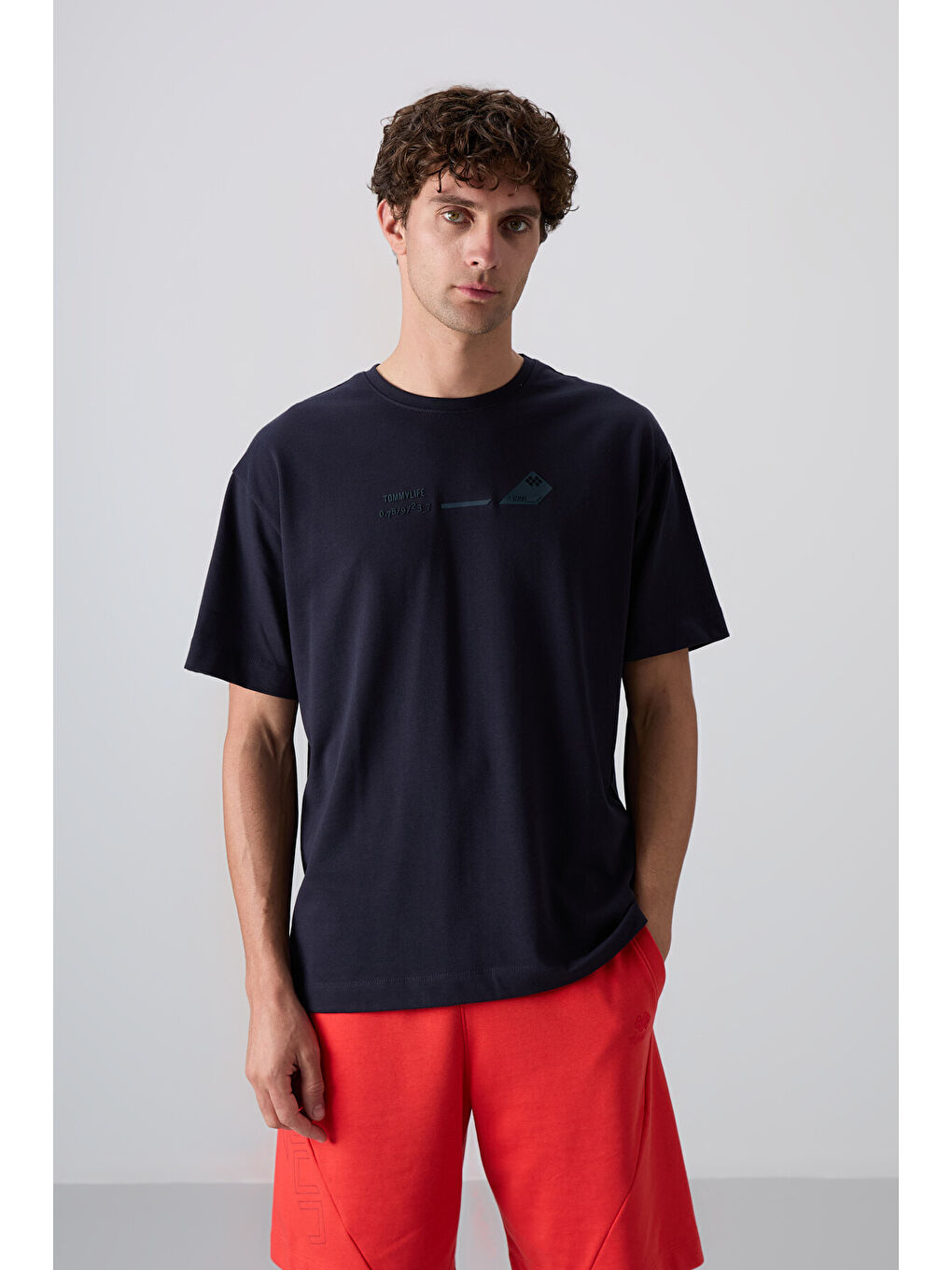 Lacivert Pamuklu Kalın Yumuşak Dokulu Oversize Fit Baskılı Erkek Tişört - 88330