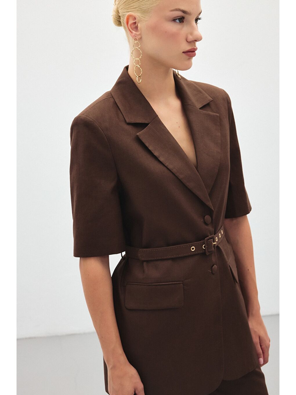 Kahverengi Kısa Kollu Kemerli Ceket - Kahve-6