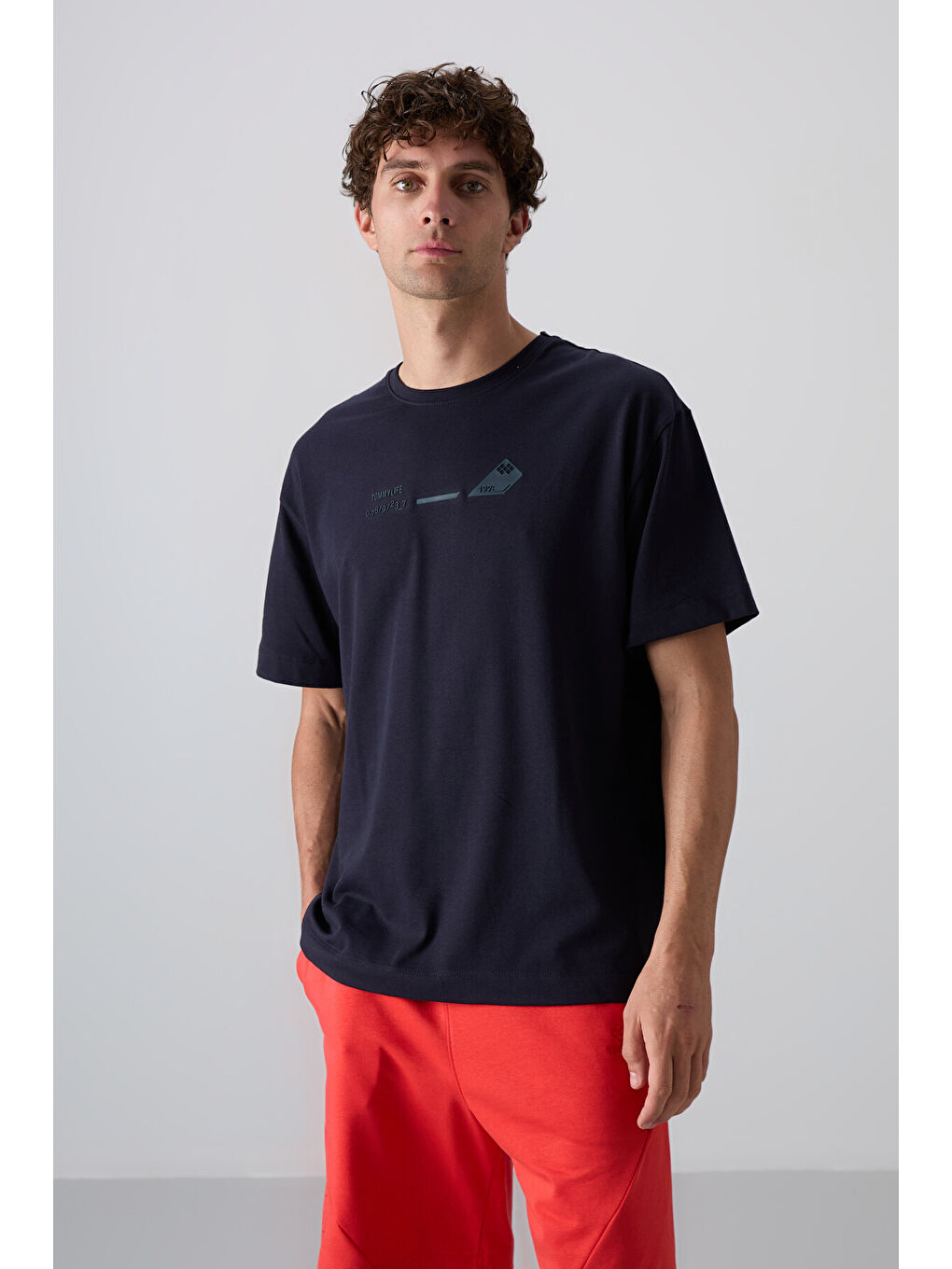 Lacivert Pamuklu Kalın Yumuşak Dokulu Oversize Fit Baskılı Erkek Tişört - 88330-1