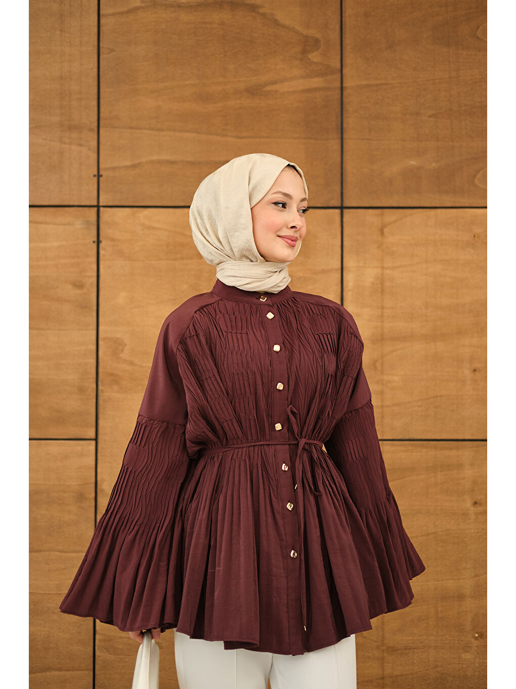 Kadın Martha Düğmeli Belden Bağlamalı Gömlek Bordo-3