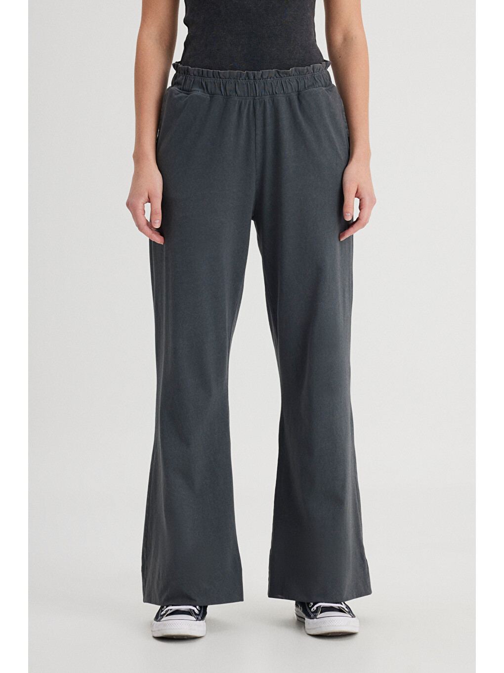 C Yüksek Bel Geniş Paça %100 Pamuk Antrasit Sweatpant Eşofman-3