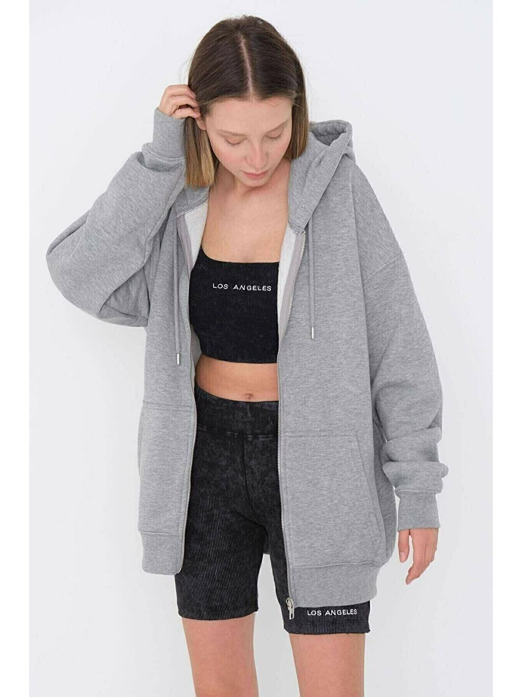 Kadın Gri Fermuarlı Sweatshirt