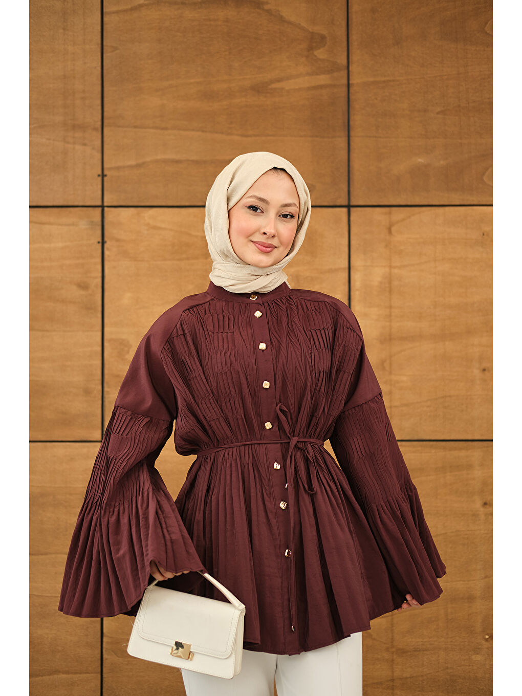 Kadın Martha Düğmeli Belden Bağlamalı Gömlek Bordo-4