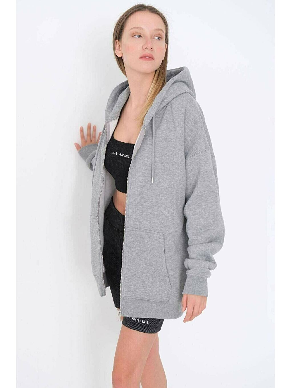 Kadın Gri Fermuarlı Sweatshirt-2