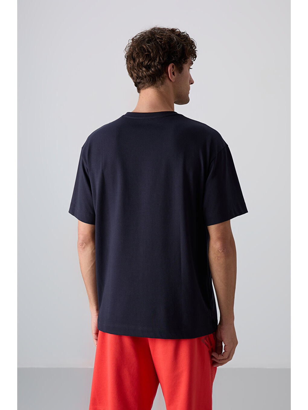 Lacivert Pamuklu Kalın Yumuşak Dokulu Oversize Fit Baskılı Erkek Tişört - 88330-4