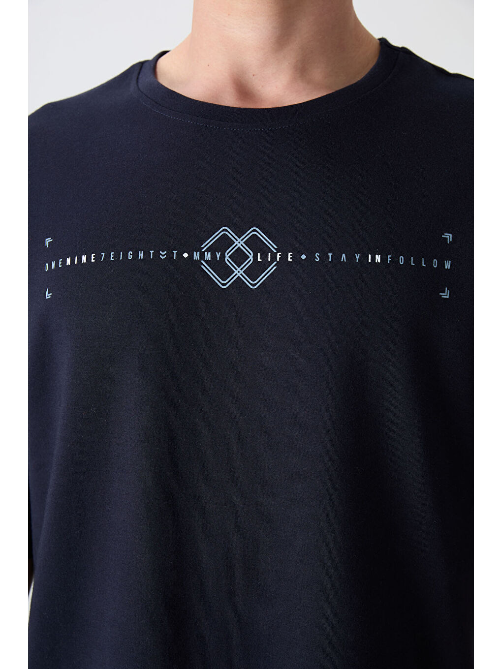 Lacivert Pamuklu Kalın Yumuşak Dokulu Oversize Fit Baskılı Erkek Tişört - 88323-2