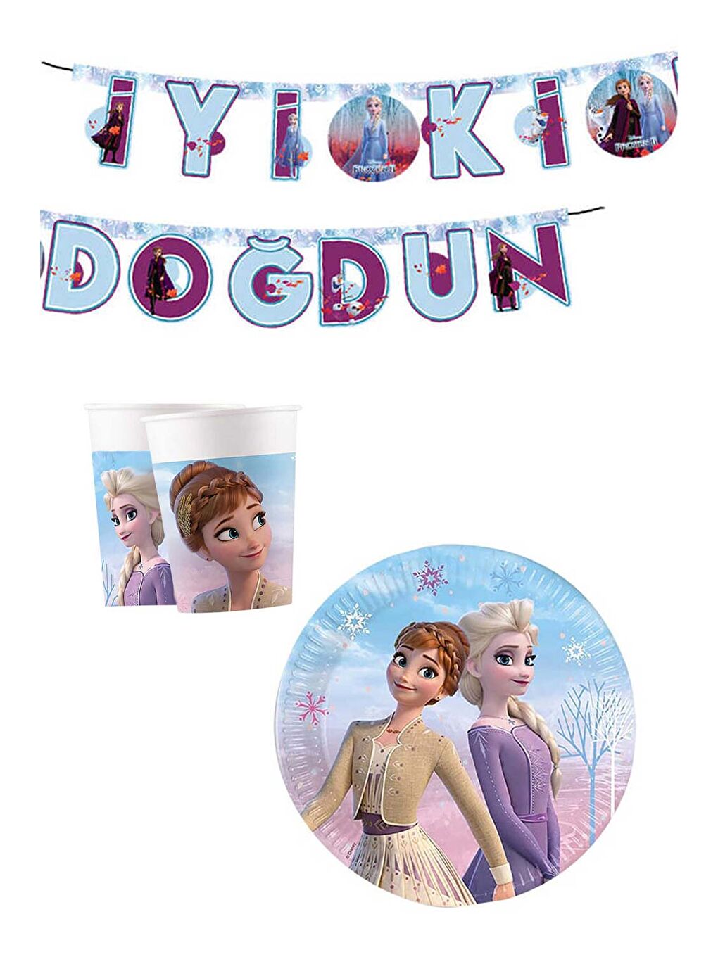 Karışık Çok Renkli Frozen ve Elsa Temalı 3'lü Parti Seti