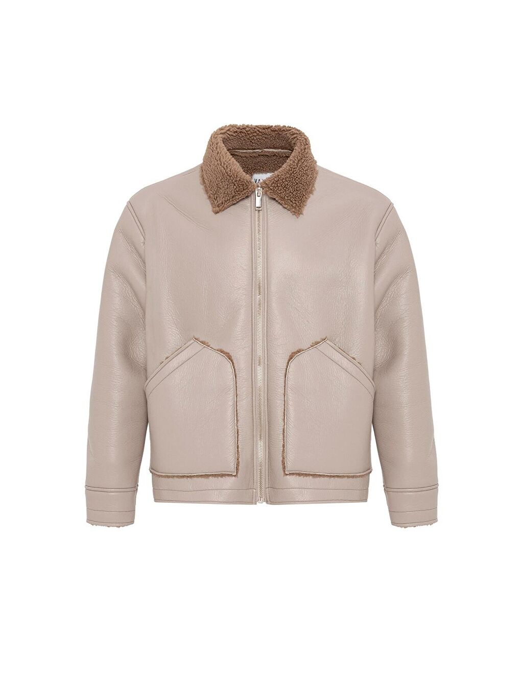 Bej İçi Kürklü Suni Deri Oversıze Ceket Taş-1