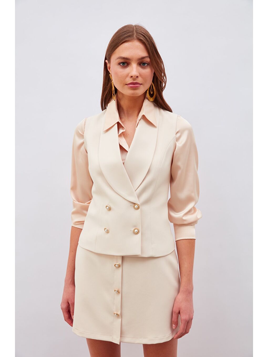 Düğme Detaylı Yelek - Bej